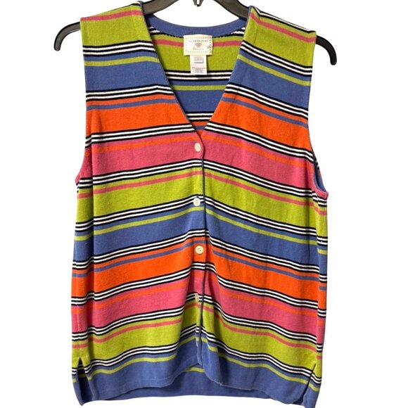 Susan Bristol Cardigan Sweater Vest Knit Size L Retro Stripes Tank Top Rainbow - Picture 1 of 8